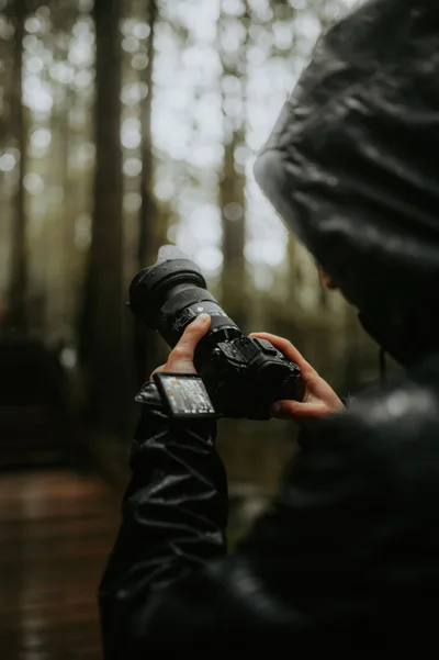 Person hält eine Kamera mit beiden Händen im Wald