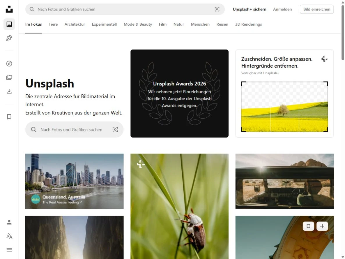 Screenshot der Startseite von Unsplash
