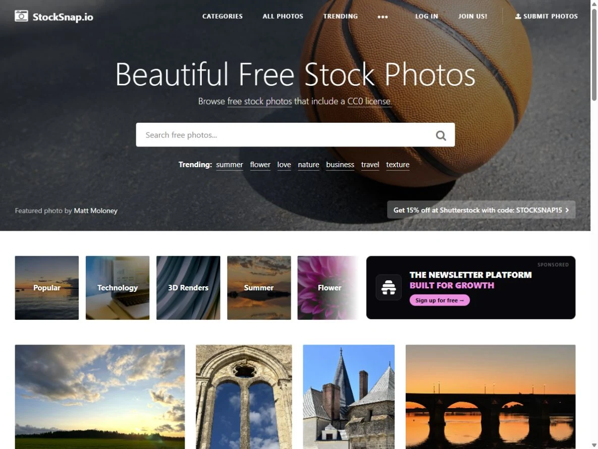 Screenshot der Startseite von StockSnap