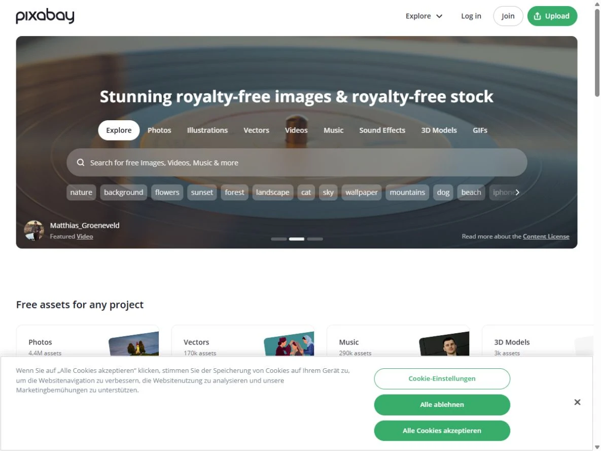 Screenshot der Startseite von Pixabay