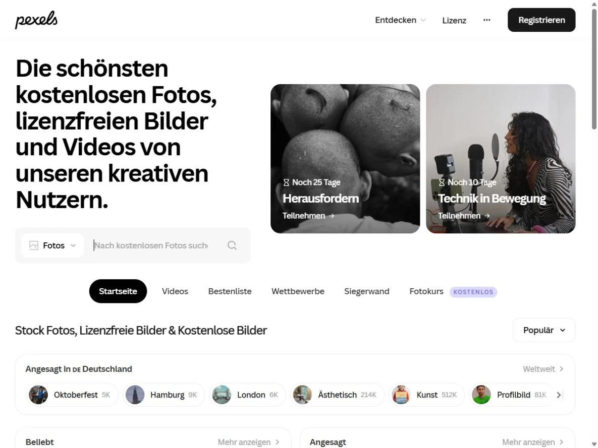 Screenshot der Startseite von Pexels